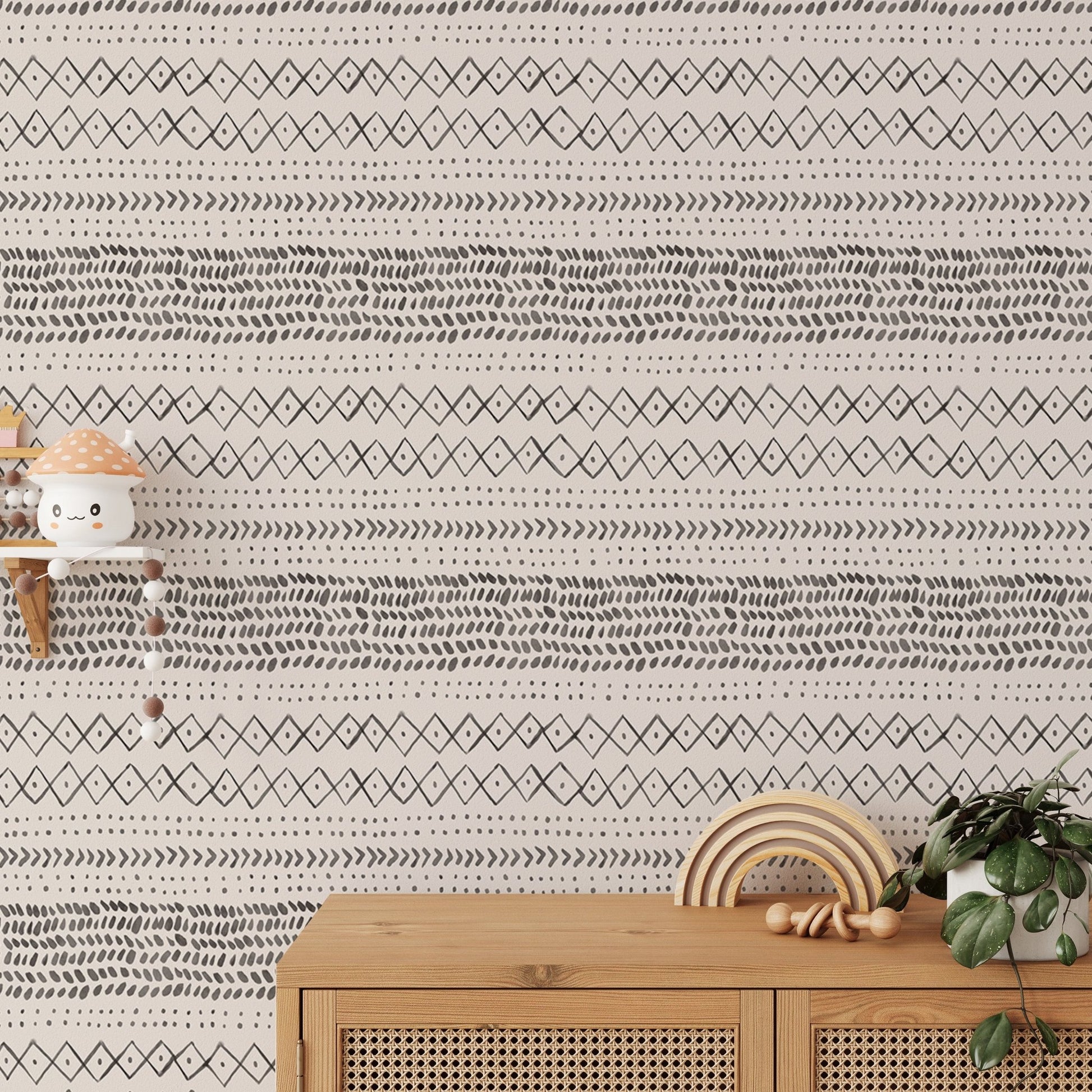 Nursery wall with wooden toys and Trendy Boho Abstract Watercolor Ethnic Wall mural