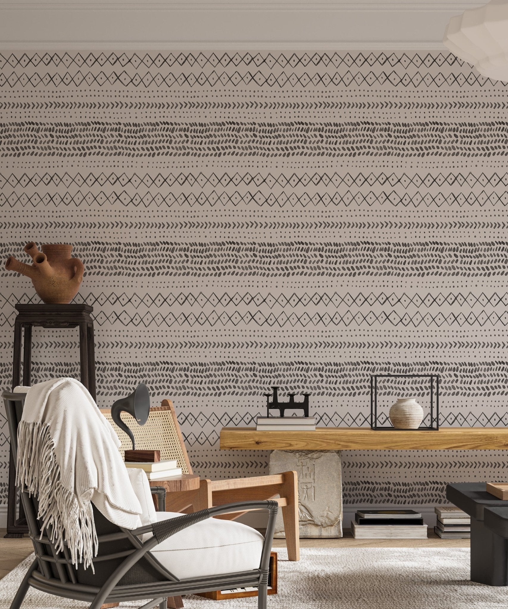 Home with a wooden desk and Trendy Boho Abstract Watercolor Ethnic Wall mural