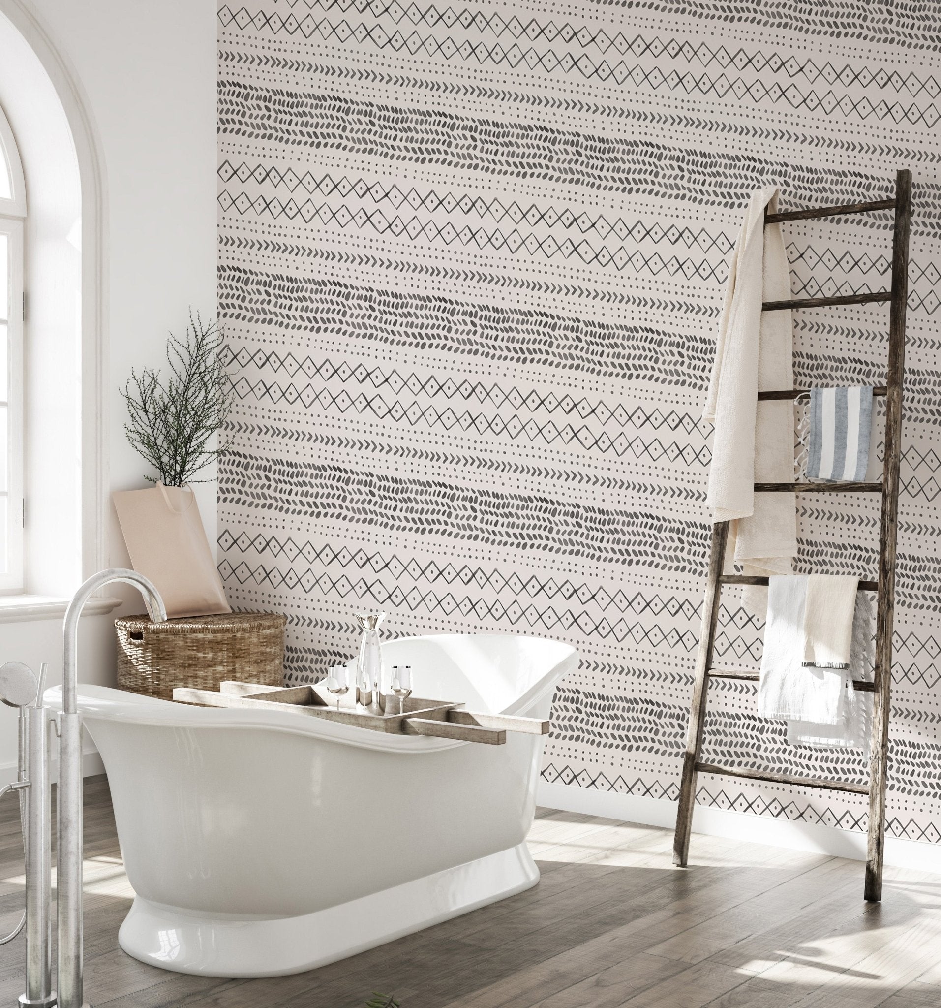 Bathroom with white tub and Trendy Boho Abstract Watercolor Ethnic Wall mural.