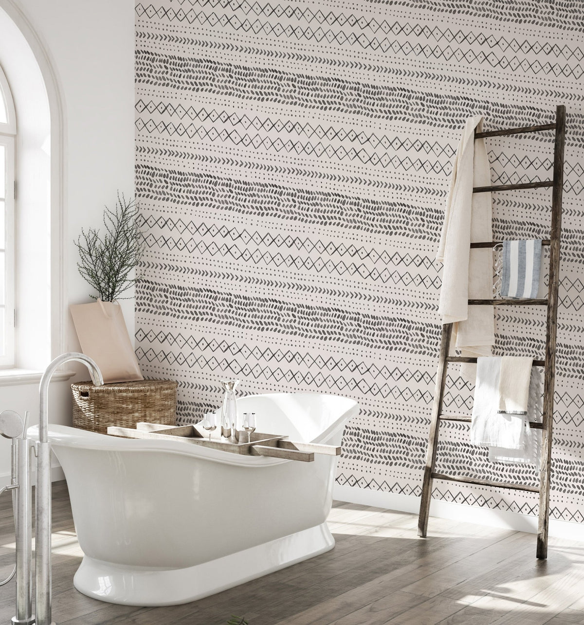 Bathroom with white tub and Trendy Boho Abstract Watercolor Ethnic Wall mural.