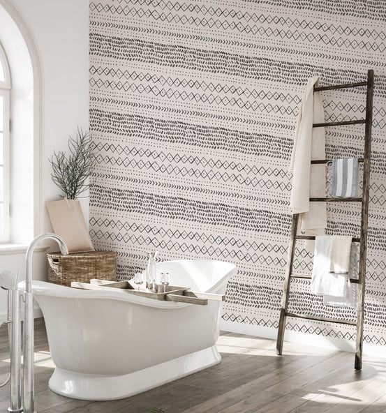 Bathroom with white tub and Trendy Boho Abstract Watercolor Ethnic Wall mural.