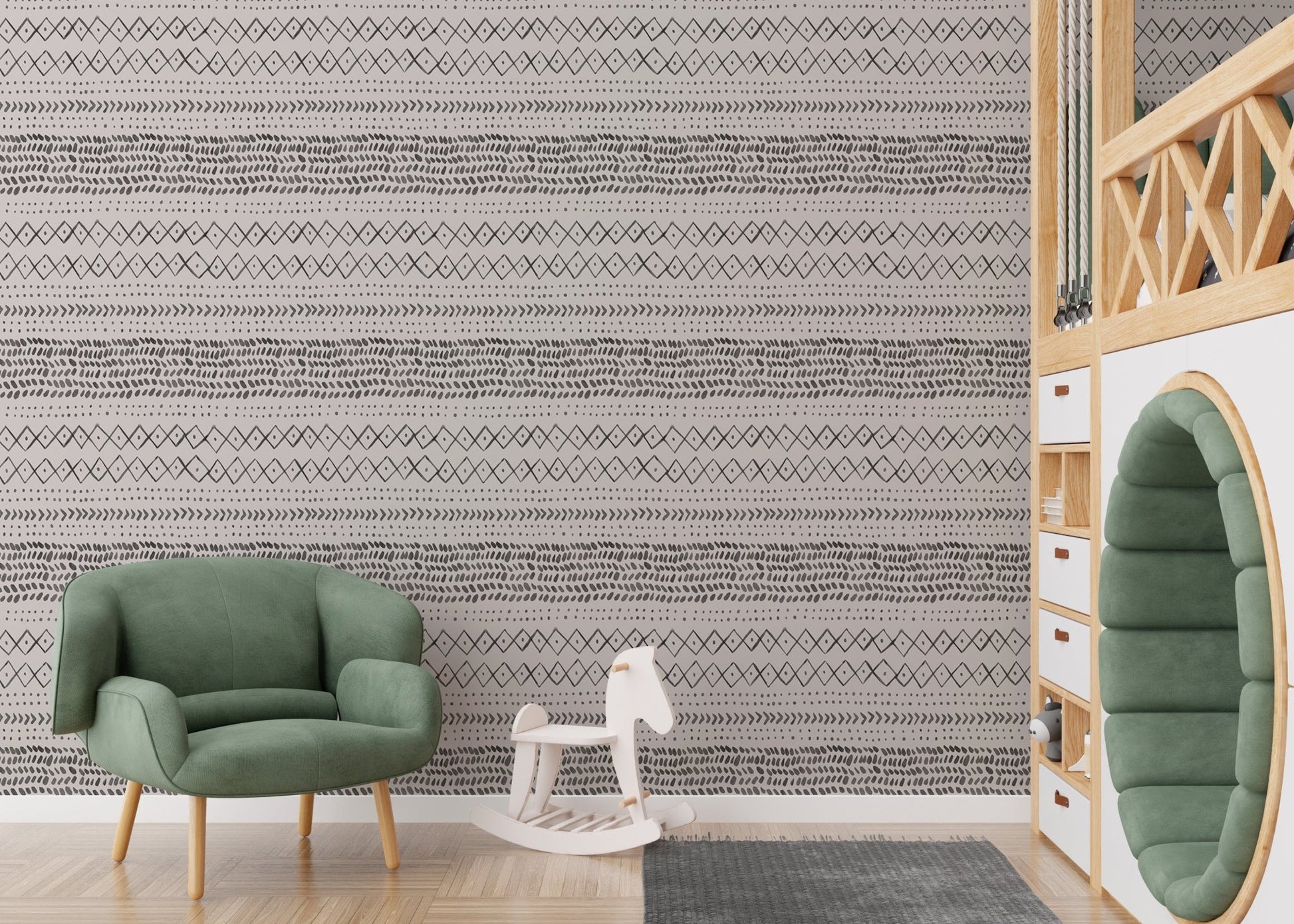Children’s play area with green armchair and grey horizontal abstract pattern wall mural.