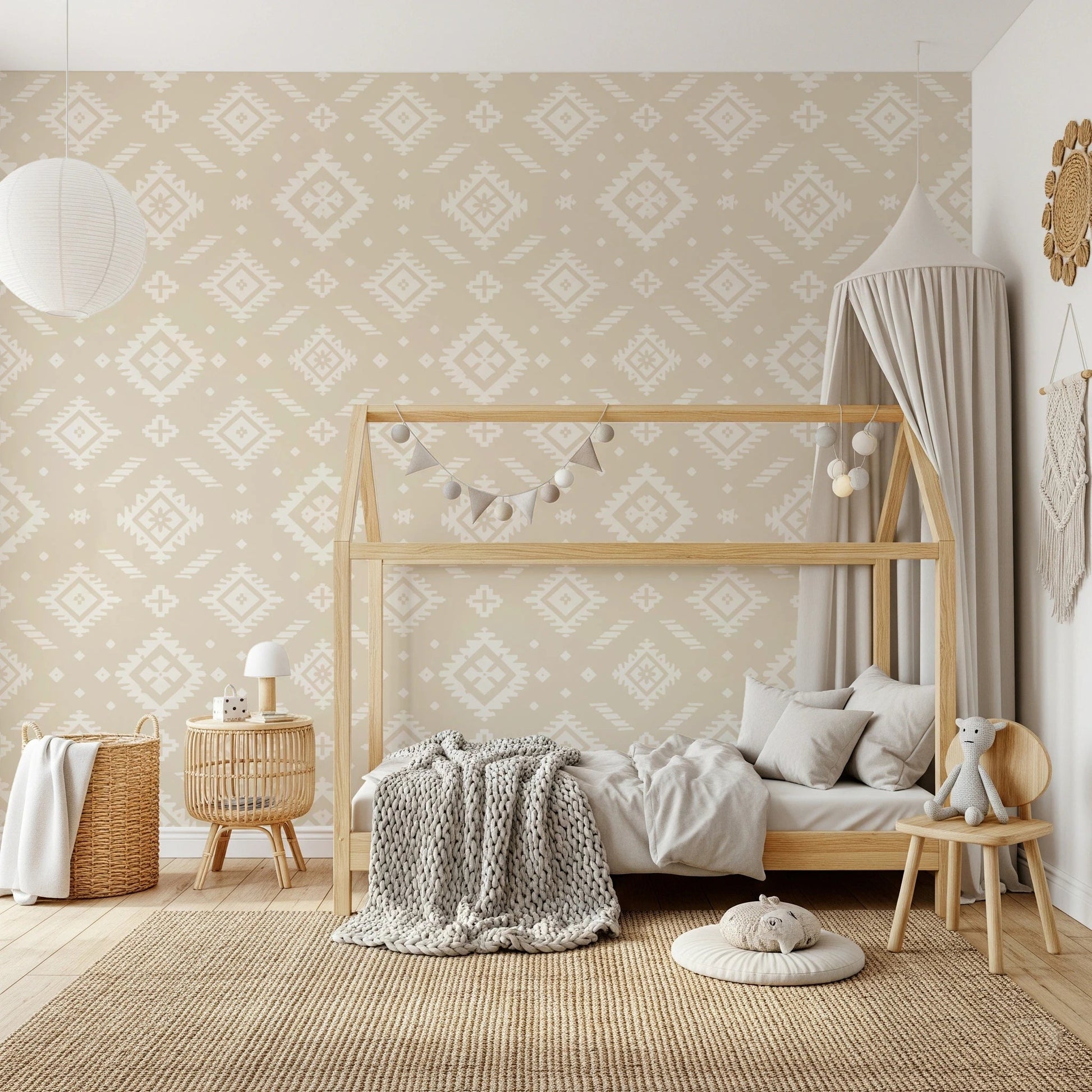 Soft beige tribal motif peel and stick wallpaper