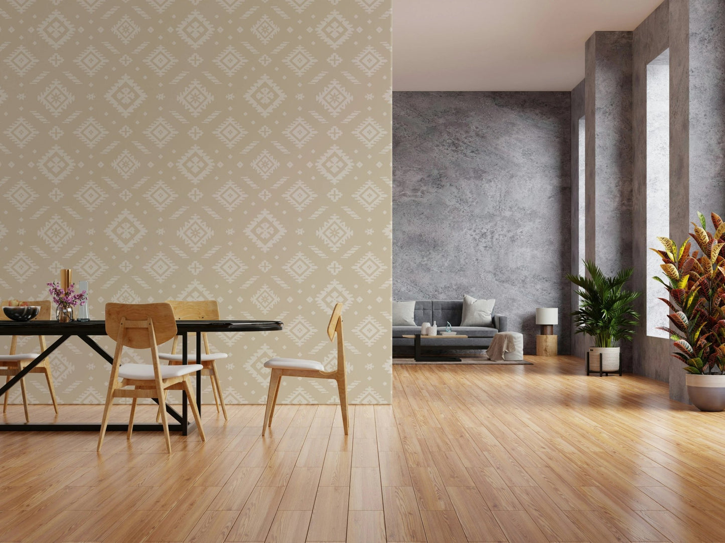 Neutral tribal pattern peel and stick wall covering