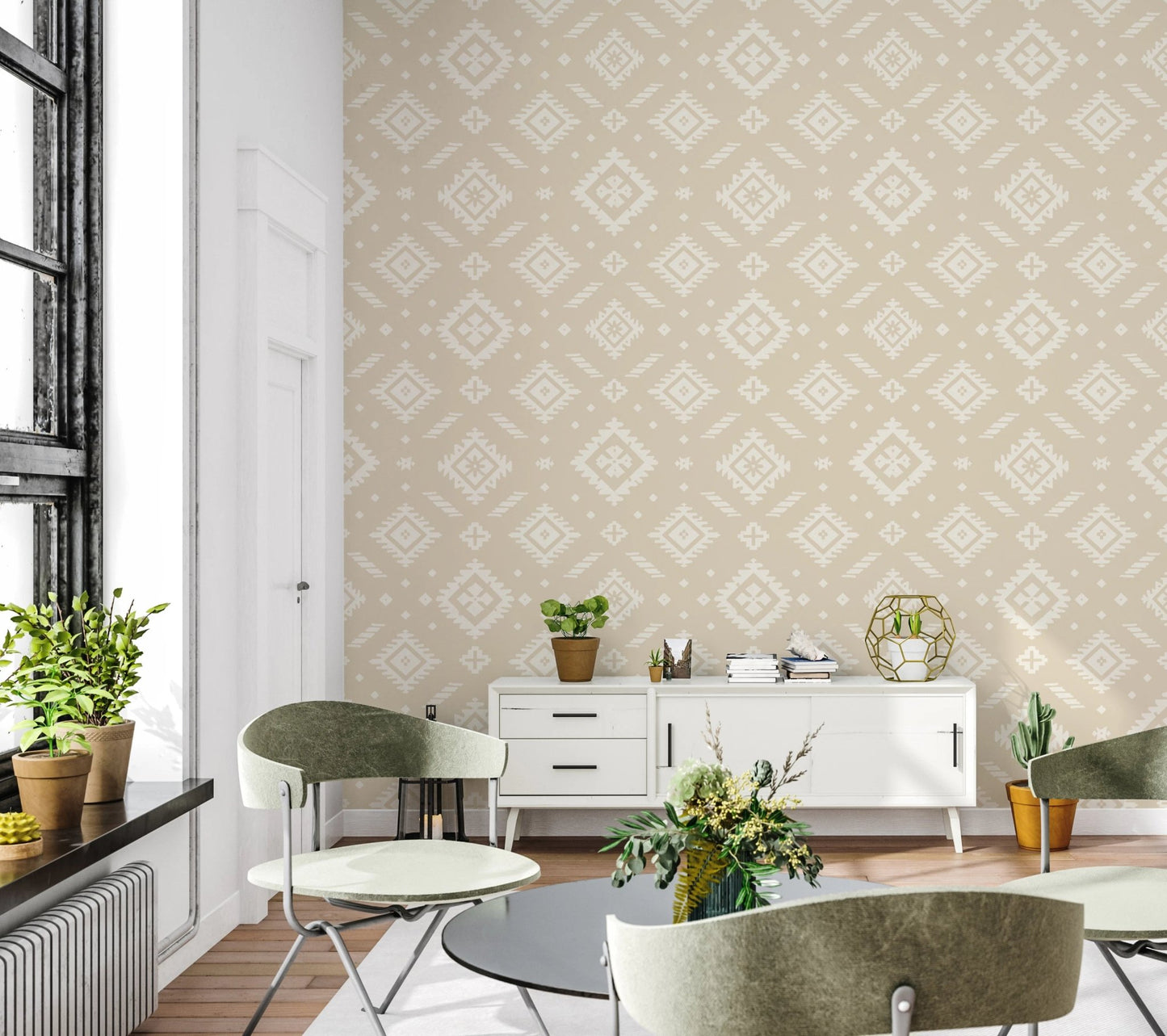 Geometric tribal peel and stick wallpaper for interiors