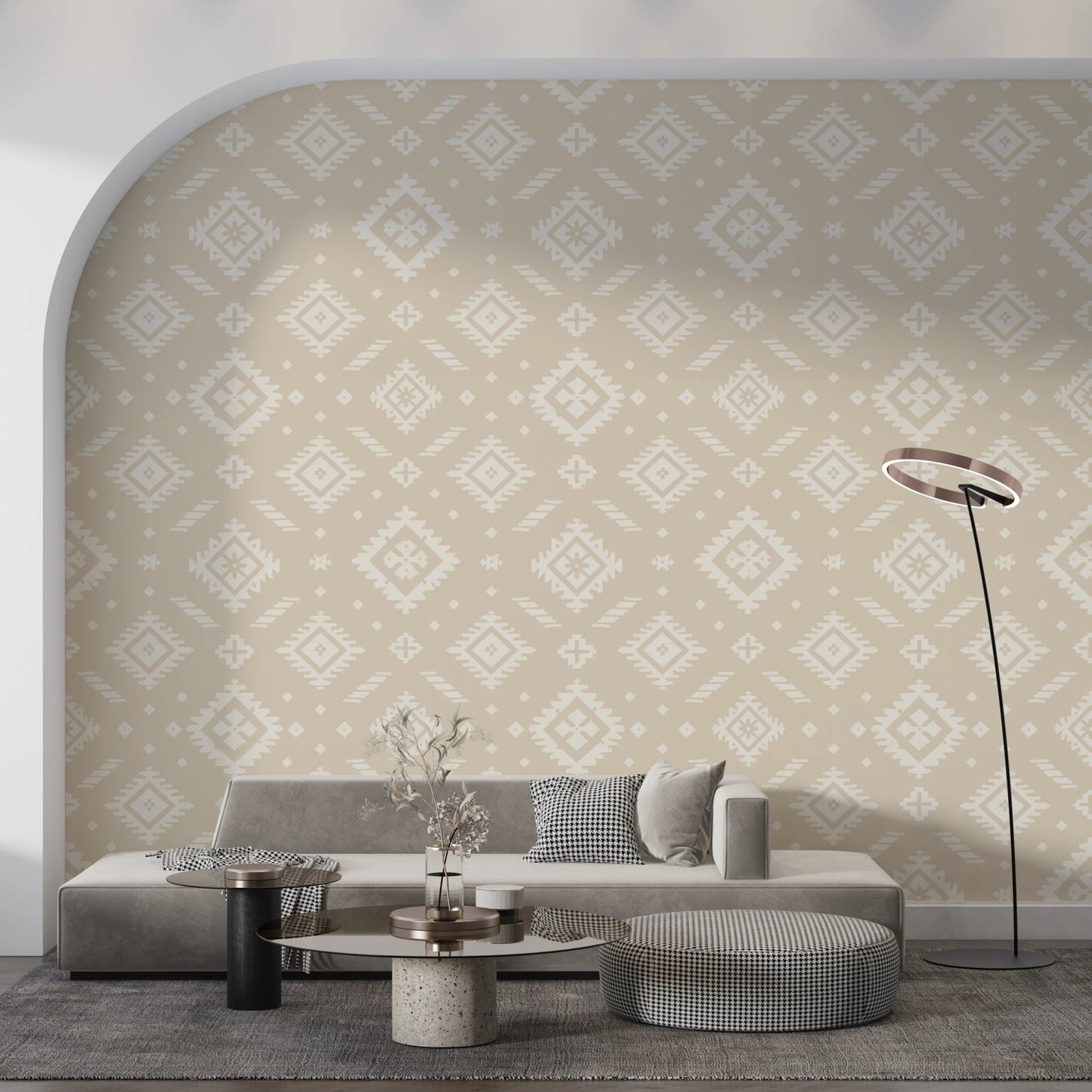 Tribal peel and stick wallpaper with soft geometric pattern