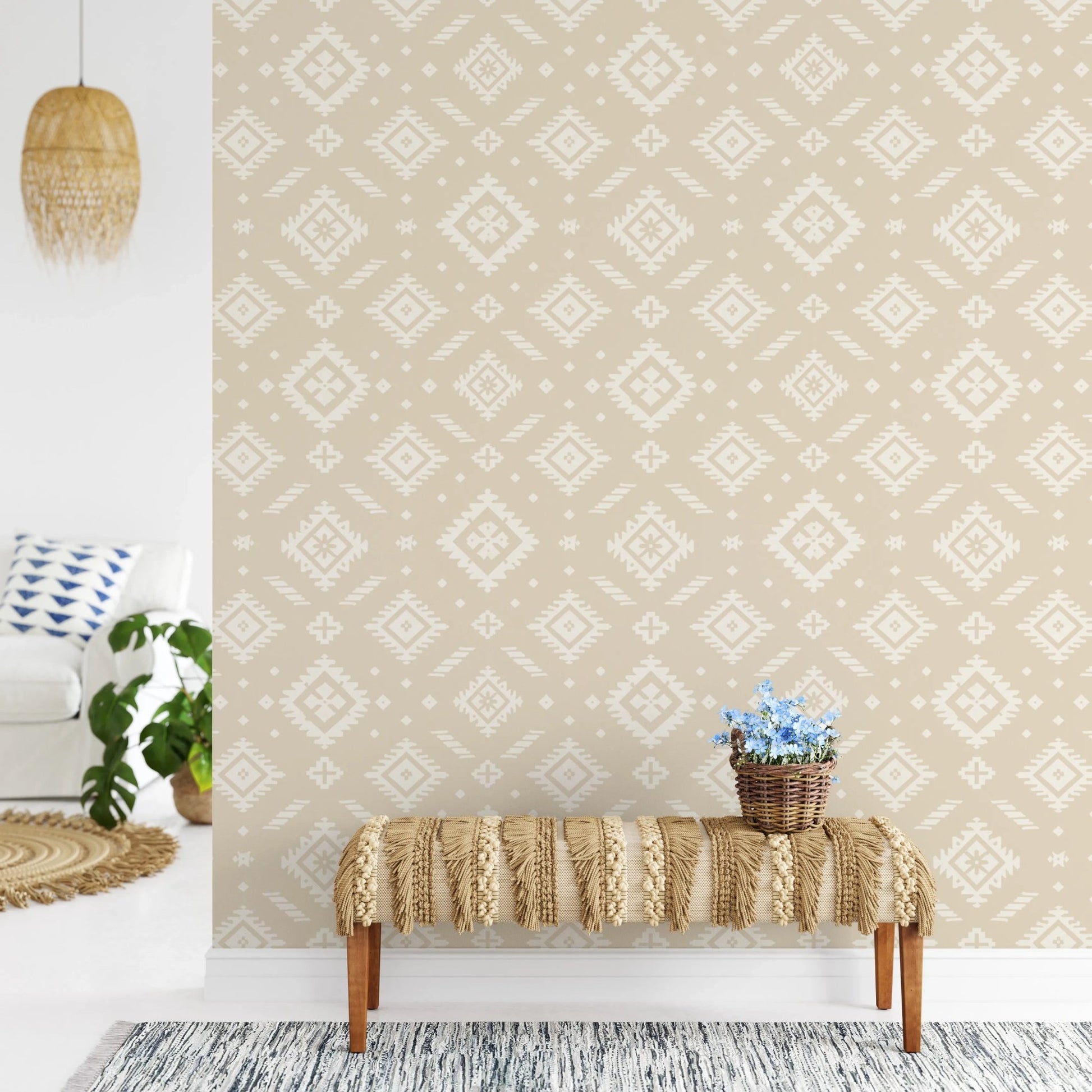 Beige tribal design peel and stick wallpaper