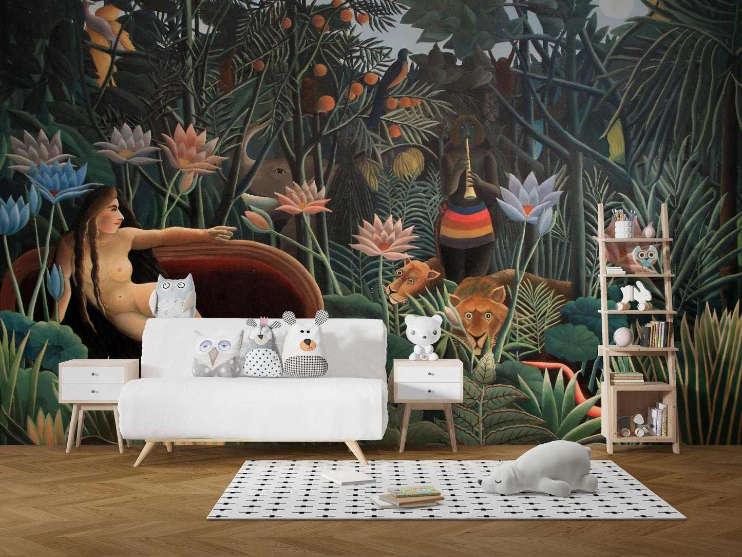 Tropical wilderness wall mural with lotus flowers in a white minimalist playroom.