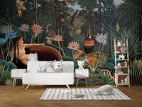Tropical wilderness wall mural with lotus flowers in a white minimalist playroom.