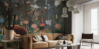 Tribal Wilderness Wall Art Murals in a modern sitting room with tan leather seating.