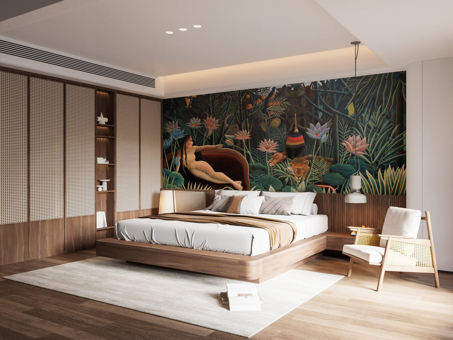 Wood accented bedroom featuring a large botanical art wall mural with a seated figure.