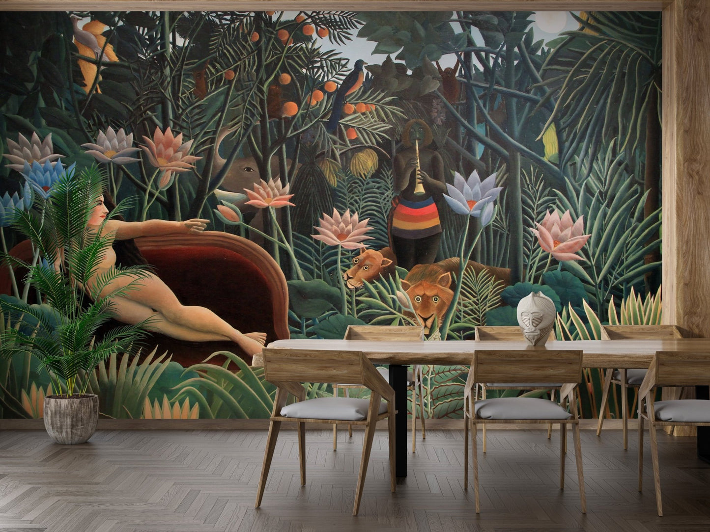 Tribal Wilderness Wall Art Murals behind a wooden dining table and chairs.