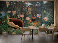 Tribal Wilderness Wall Art Murals behind a wooden dining table and chairs.
