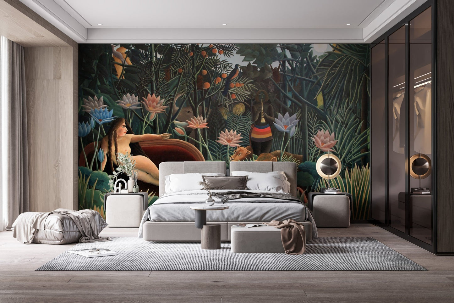 Grey and charcoal bedroom decor with a lush jungle art wall mural.