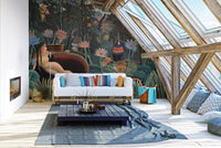 Attice living space with skylights and a vibrant jungle art wall mural.


