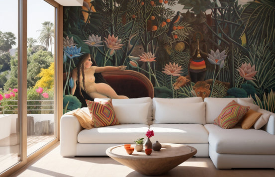 Dark green jungle art wall mural behind a white sectional sofa in a bright living room.
