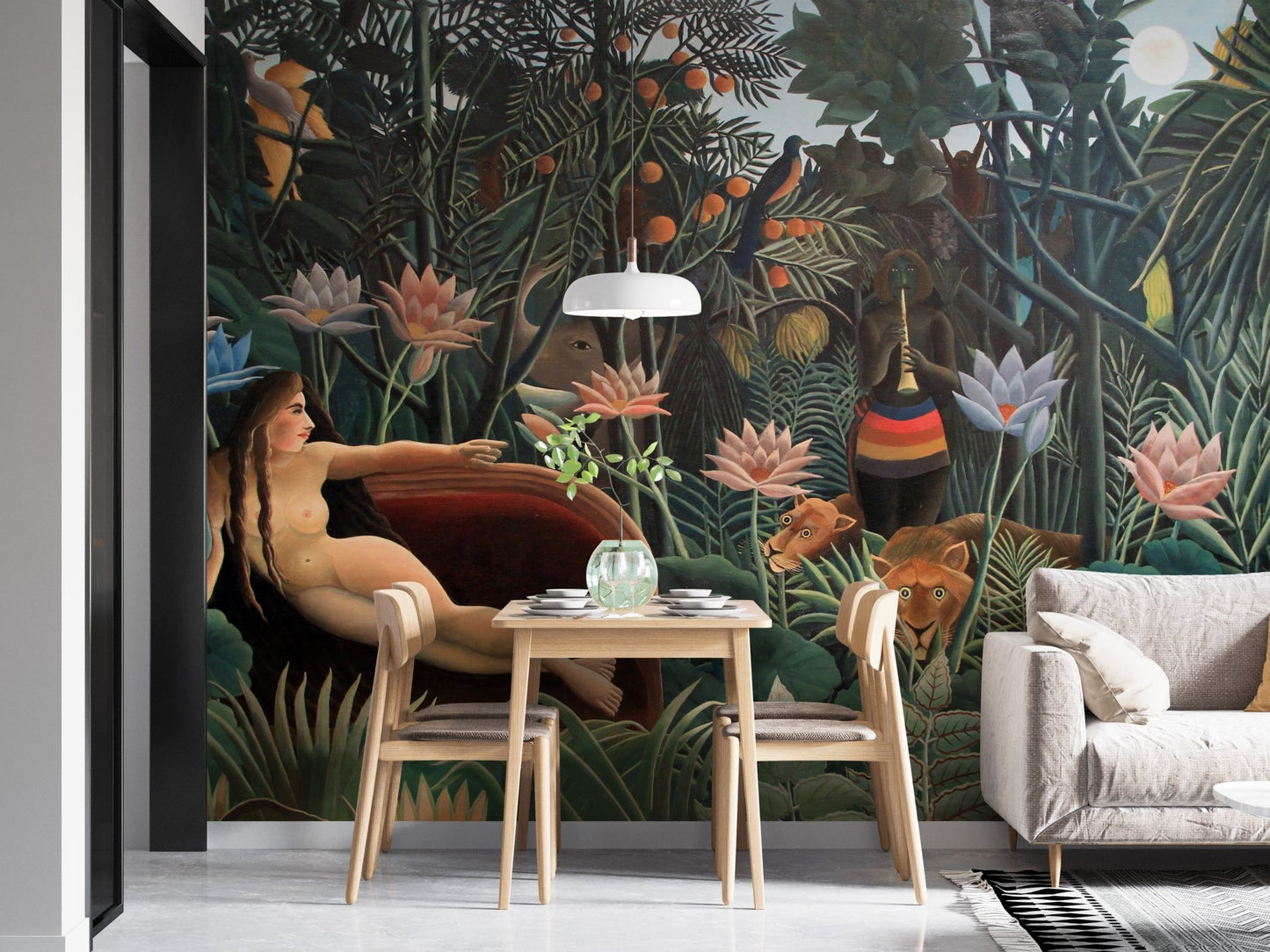 Small dining nook with a dark green Tribal Wilderness Art Murals on feature wall.