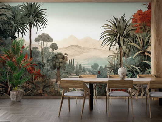 Tropic serenity wall mural with lush greenery for dining room.
