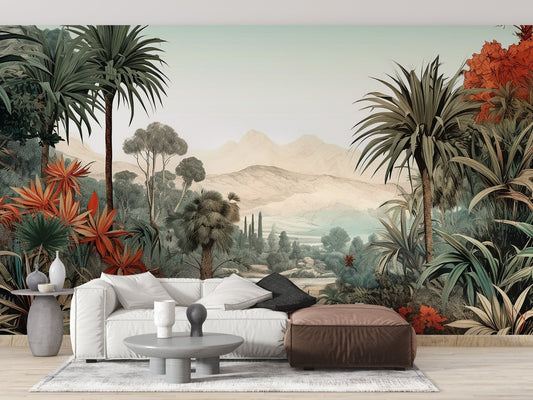 Lush flora mural featuring vibrant green plants.
