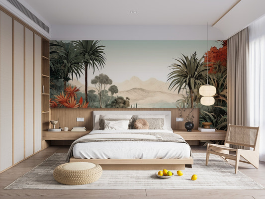 Mountain vista mural showcasing serene vibes for bedroom interior.
