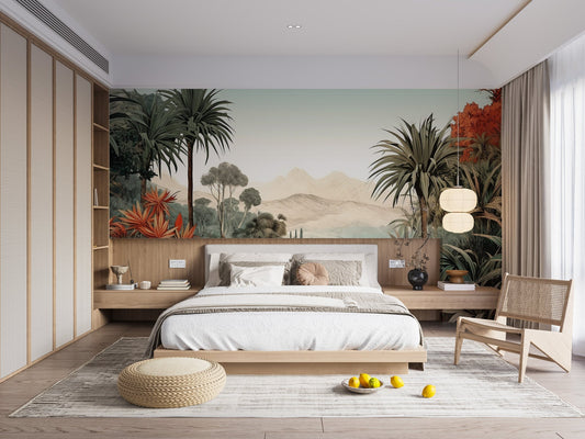 Mountain vista mural showcasing serene vibes for bedroom interior.
