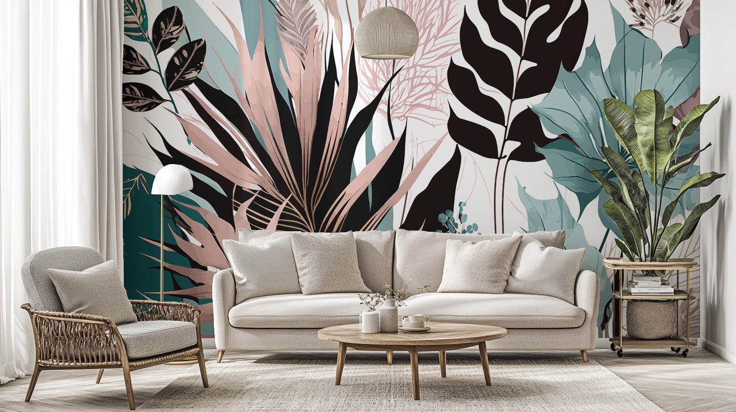 Tropical abstract leaf wall mural with teal and beige foliage.