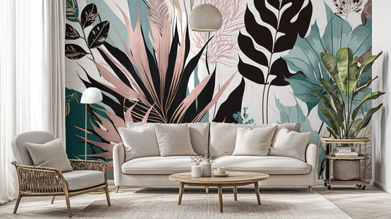 Tropical abstract leaf wall mural with teal and beige foliage.