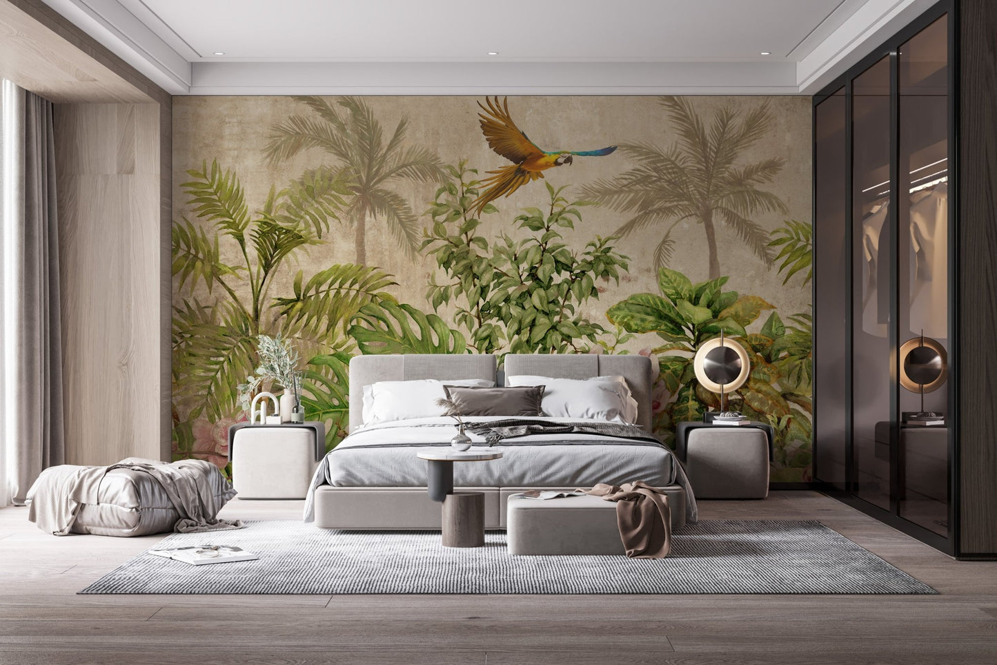 Grey modern bedroom with a Tropical Avian Paradise Mural headboard wall.