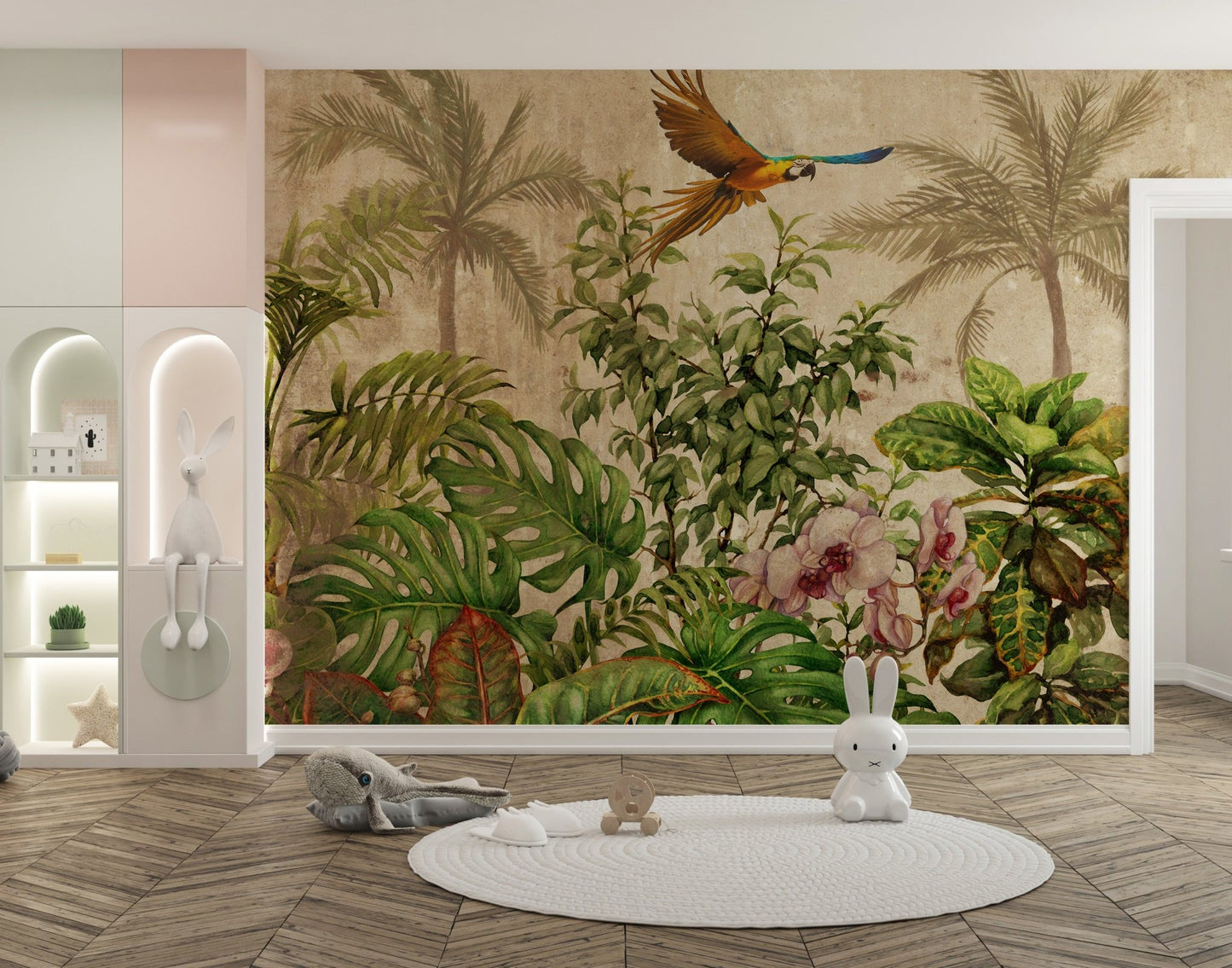 Large leaf paradise wall mural with pink flowers in a minimalist playroom.