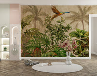 Large leaf paradise wall mural with pink flowers in a minimalist playroom.