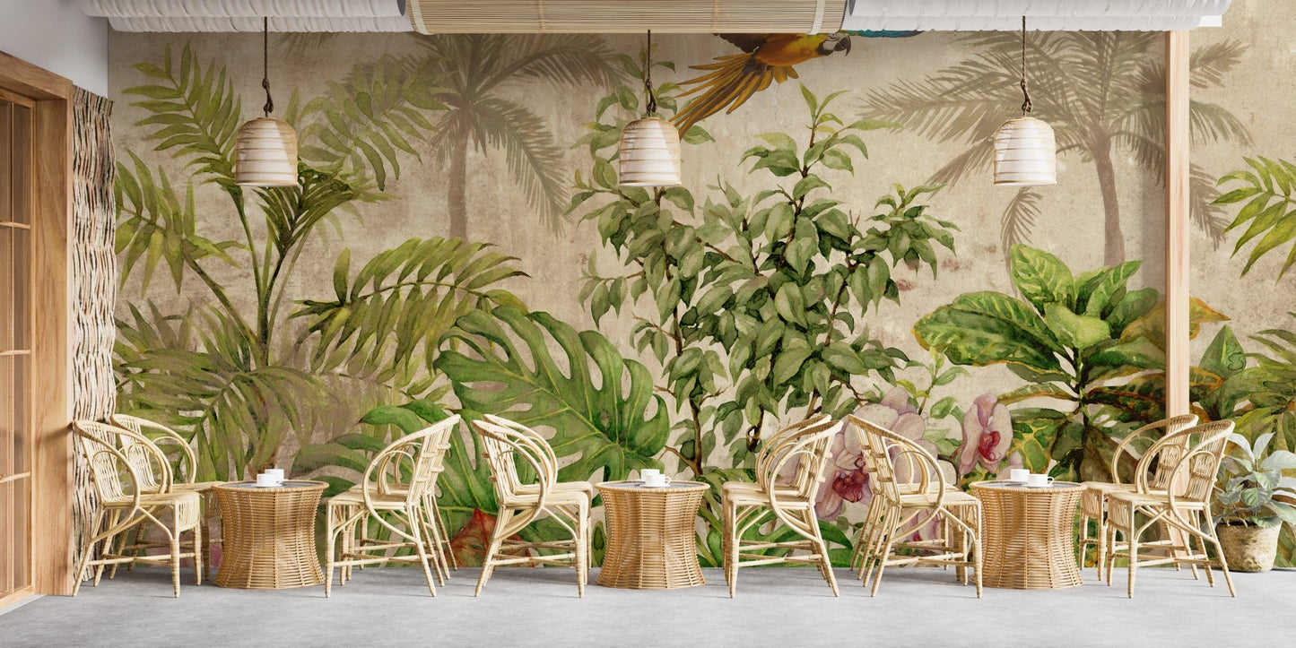 Tropical Avian Paradise Wall Mural with green palms in a cafe seating area.