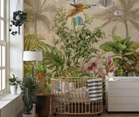 Botanical paradise wall mural with a flying parrot and green leaves in a nursery.