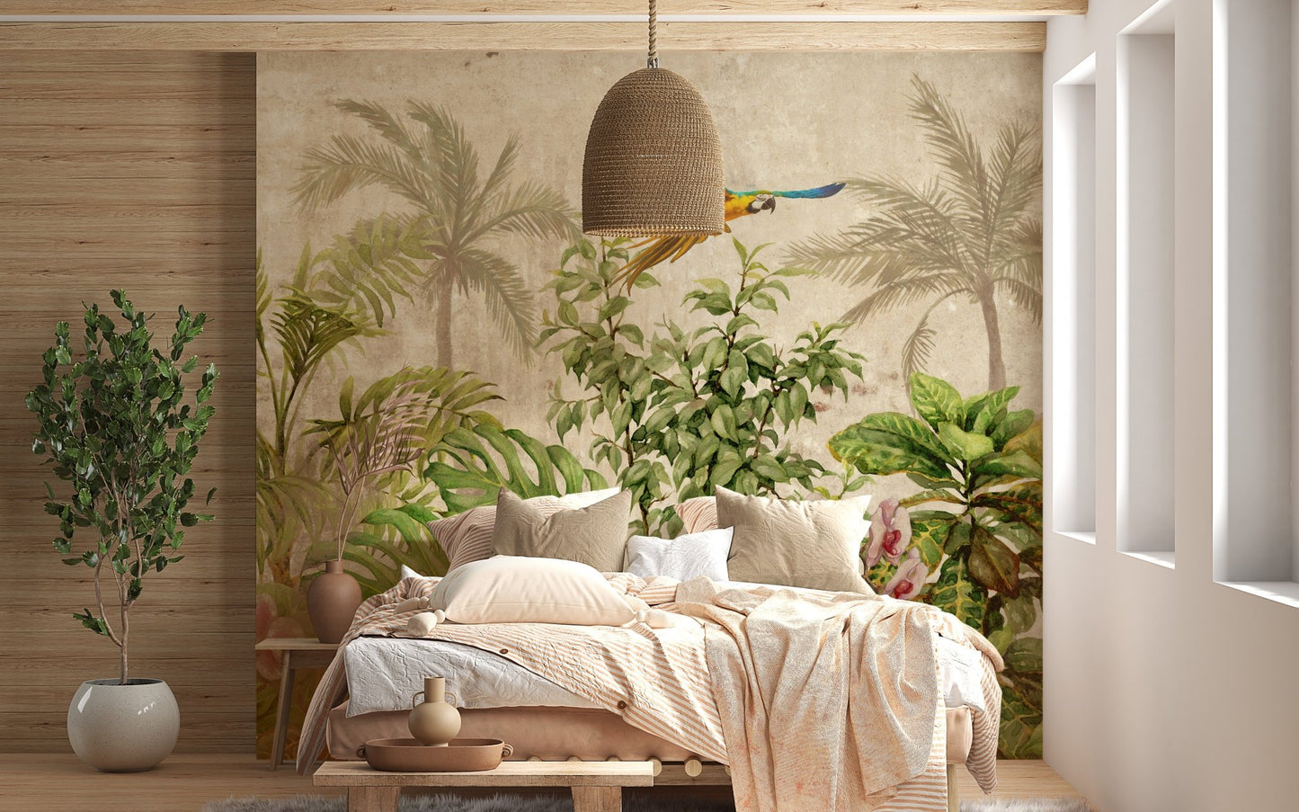 Earthy tone bedroom featuring a botanical paradise wall mural with exotic birds.