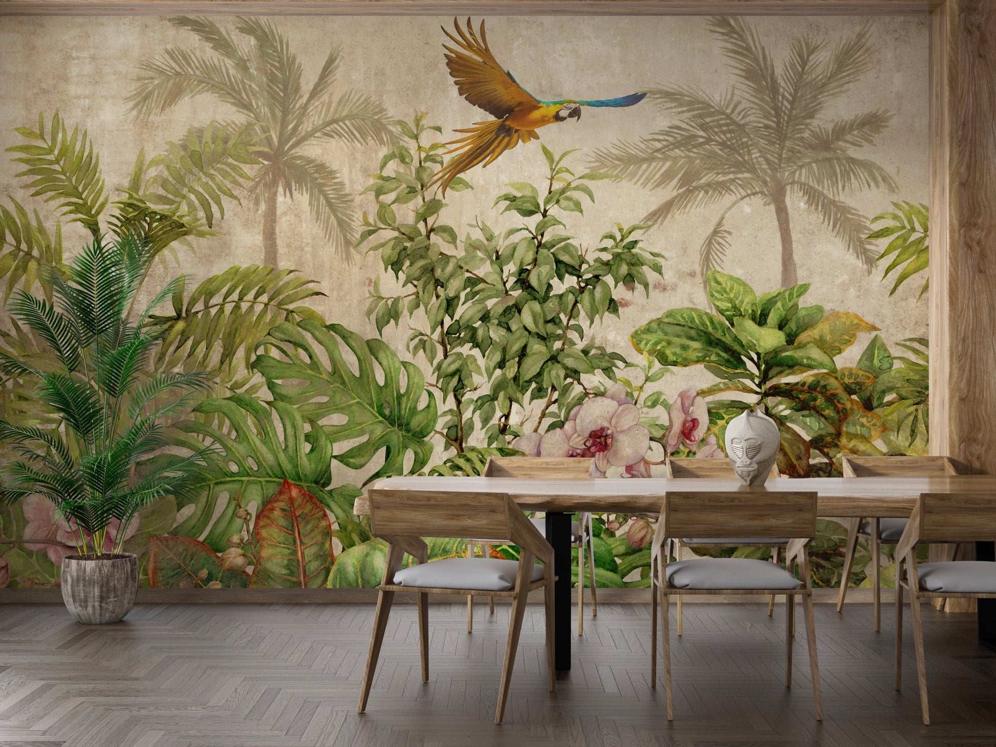 Tropical Avian Paradise Wall Mural in a dining room with wooden furniture.