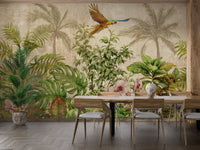 Tropical Avian Paradise Wall Mural in a dining room with wooden furniture.