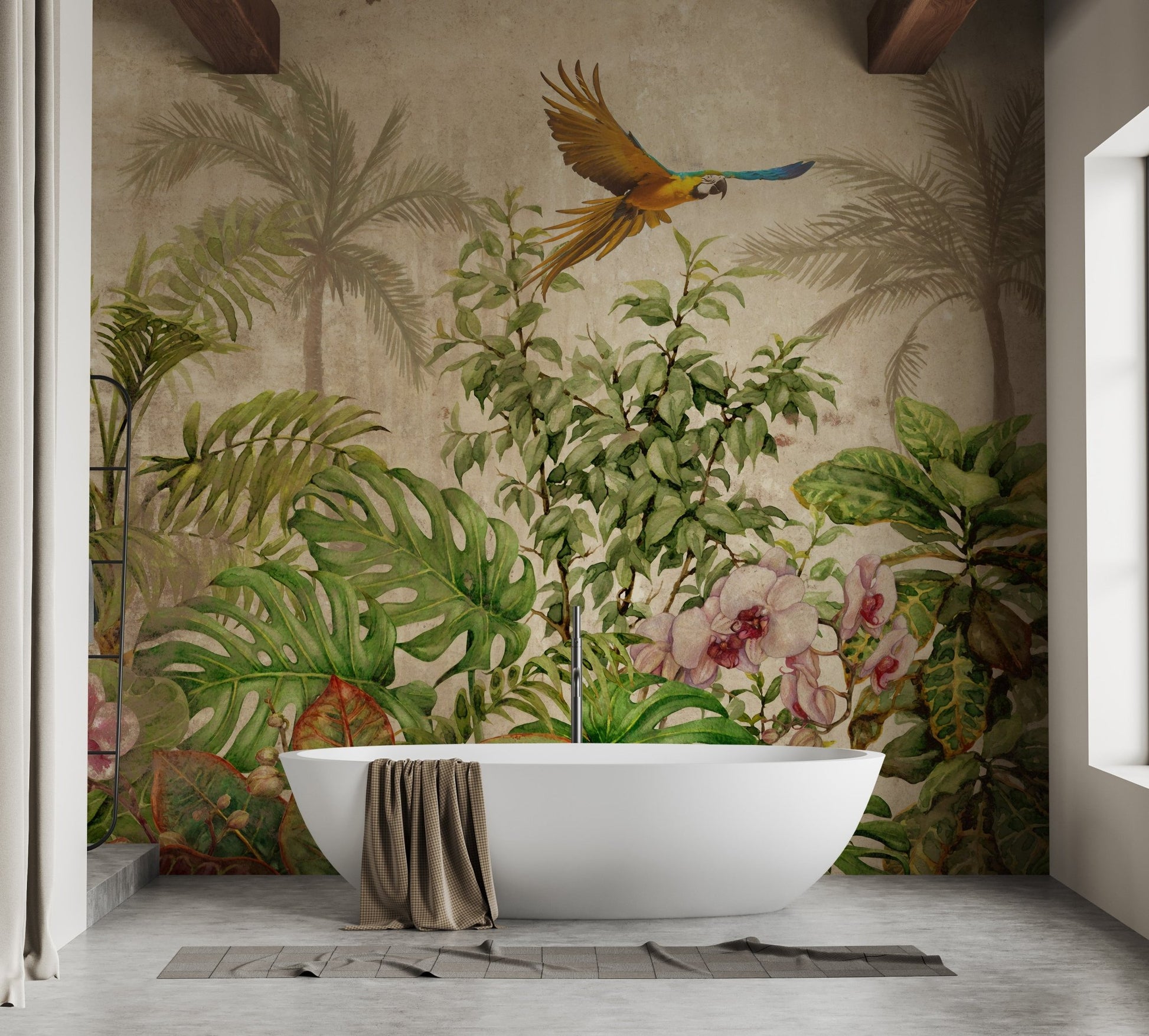 Waterproof wall mural with tropical plants behind a white freestanding bathtub.