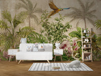 Green jungle avian wall mural behind a white sofa in a modern kids room.