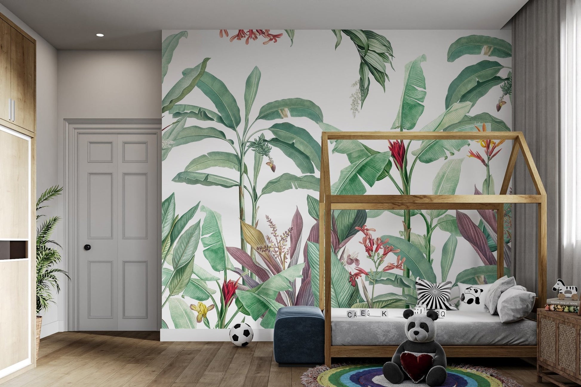 Green tropical wall mural bringing foliage to kids bedroom.