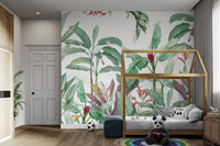 Green tropical wall mural bringing foliage to kids bedroom.