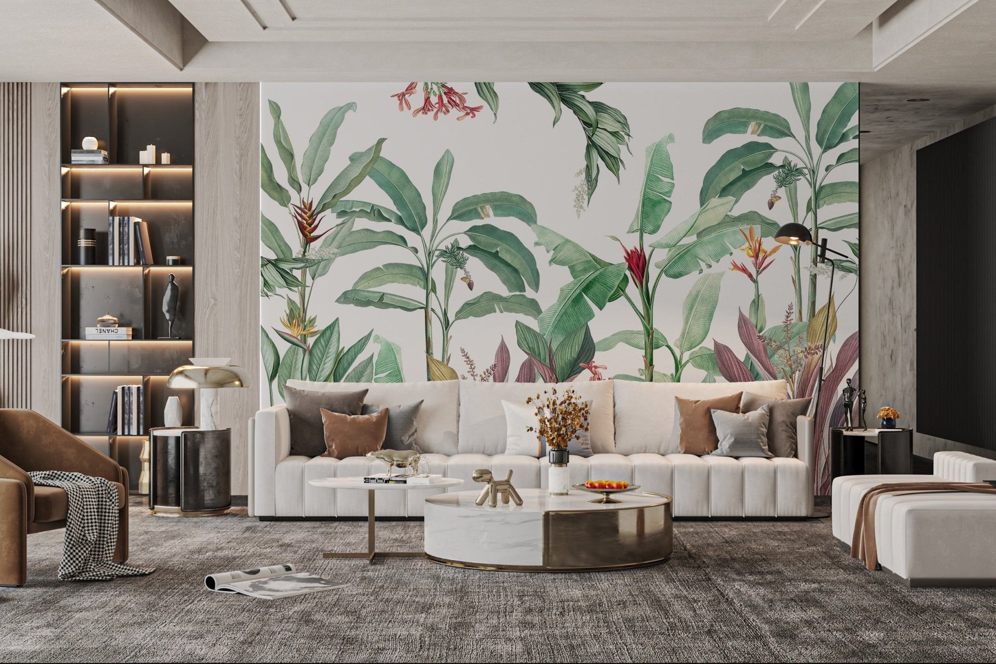 Soft green botanical wall mural with tall banana leaf pattern.