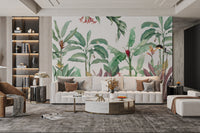 Soft green botanical wall mural with tall banana leaf pattern.