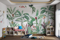 Botanical banana leaf wall mural suited for sunlit playroom.