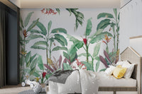 Banana leaf botanical wall mural for a fresh kids bedroom setting.