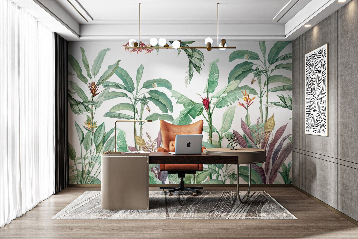 Botanical wall mural with layered green banana leaf details.