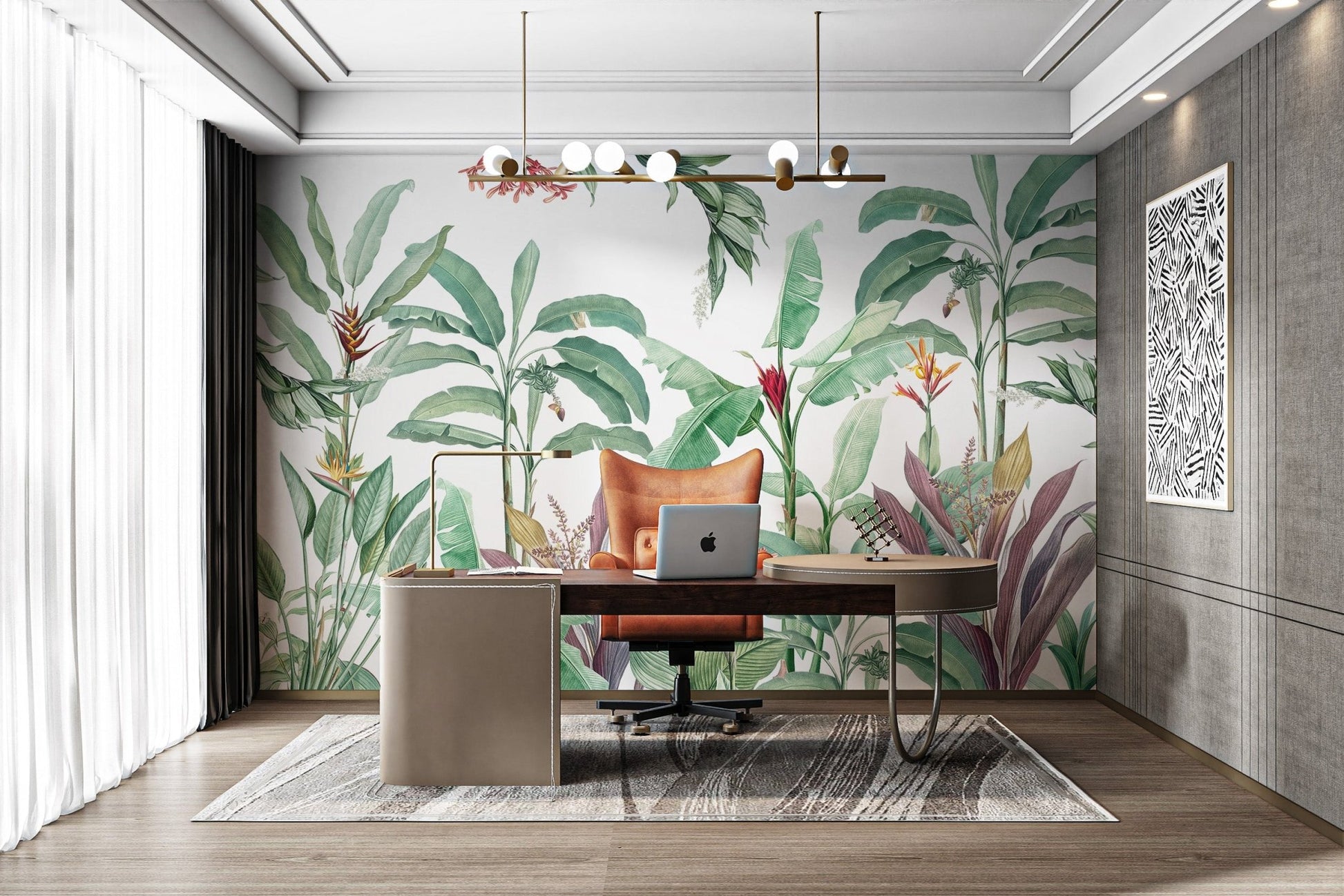 Botanical wall mural with layered green banana leaf details.