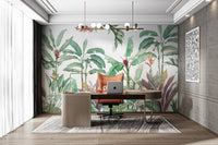 Botanical wall mural with layered green banana leaf details.