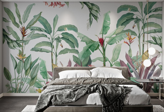 Tropical banana leaf wall mural with red floral accent details for bedroom.
