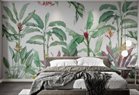 Tropical banana leaf wall mural with red floral accent details for bedroom.