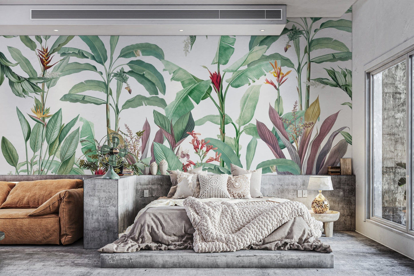Banana leaf botanical wall mural with airy white spacing.