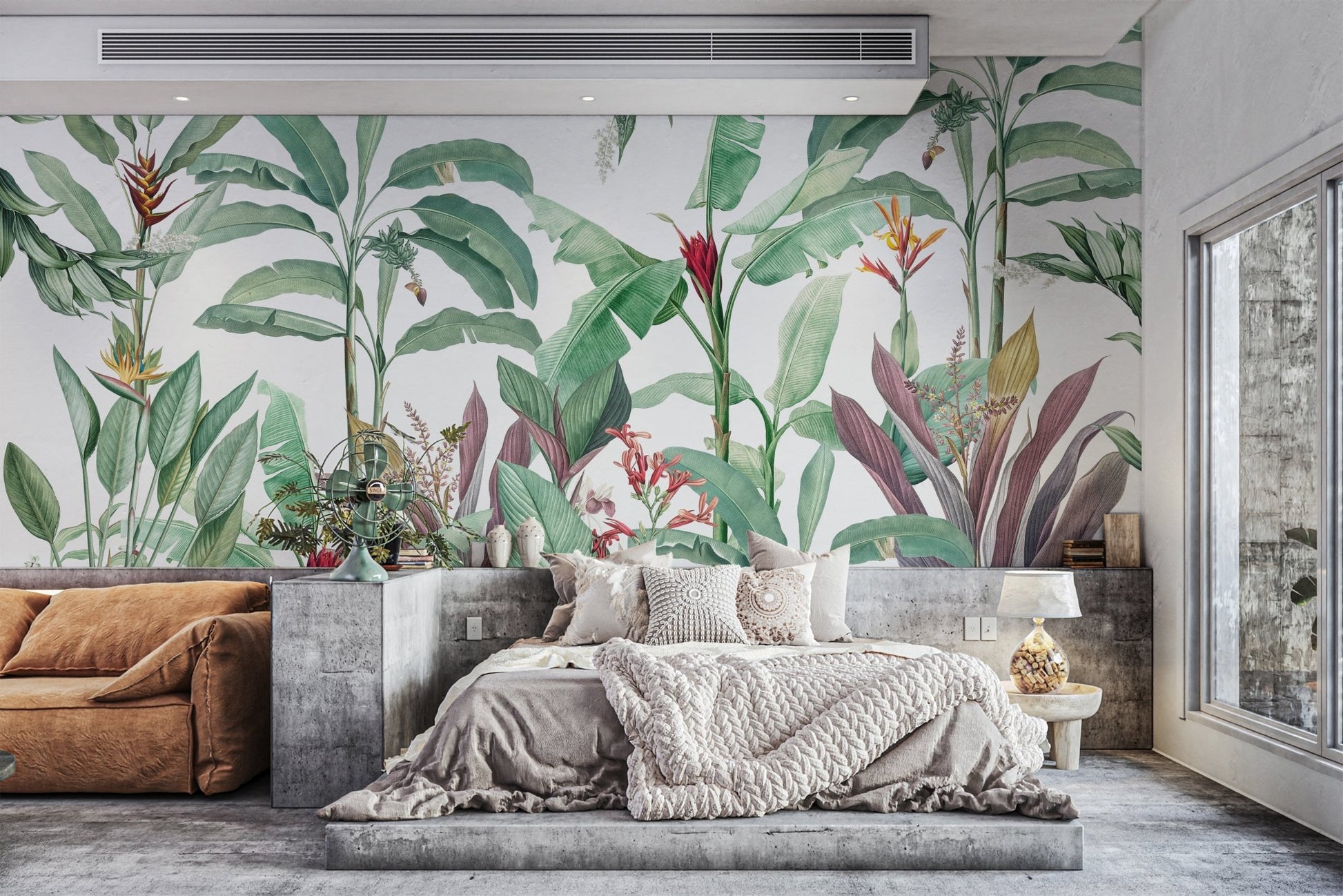Banana leaf botanical wall mural with airy white spacing.